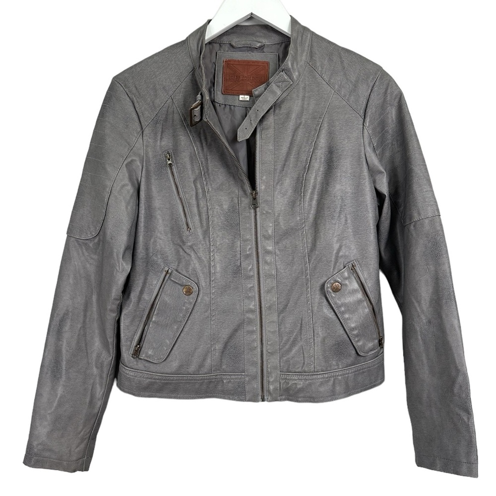 Miss London Gray Faux Leather Full Zip Motorcycle Jacket Coat Size Large